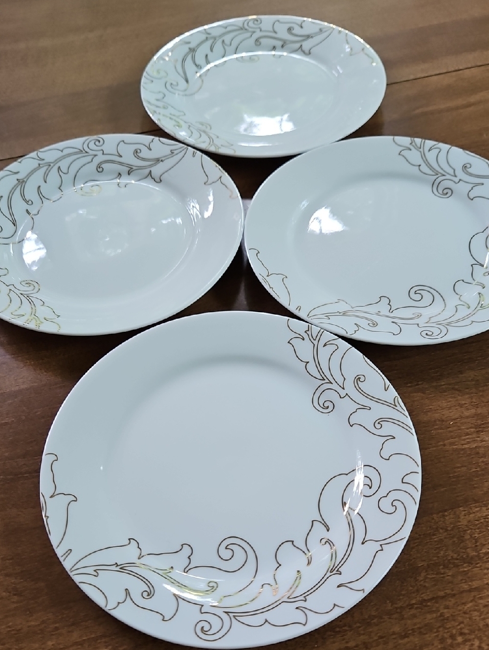 Set of 4, 7.5" White Plates with Gold Scroll Accents